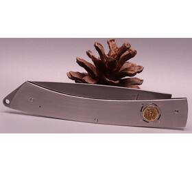 Folding knife by Daniel Marlot – Siren and Boat Engraving, Stainless Steel Handle.